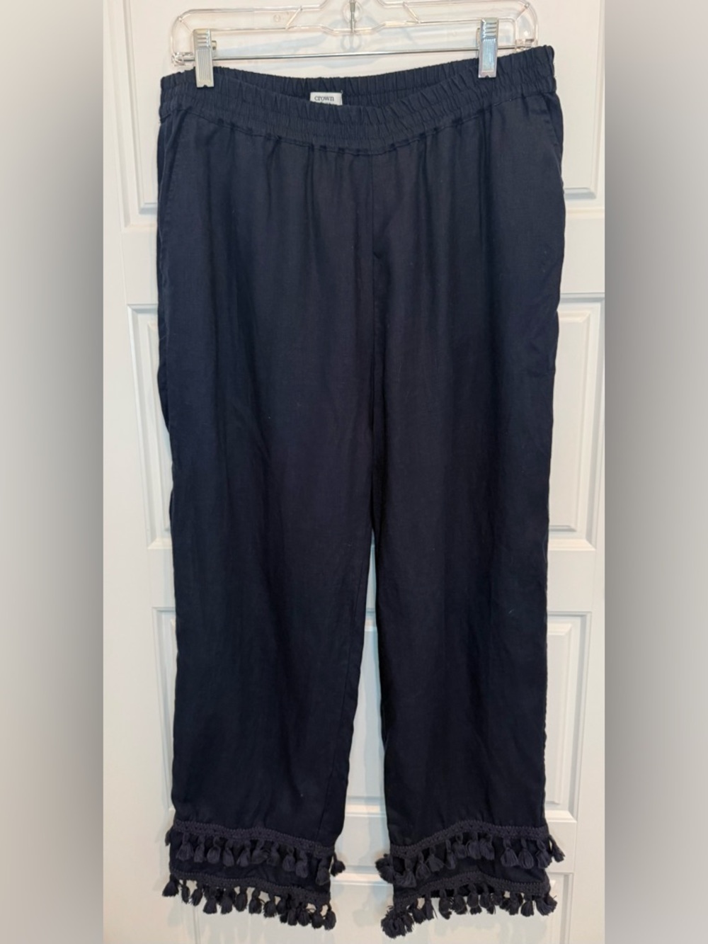 Crown & Ivy Woman’s Medium Wide Leg Tassel Linen Pants Navy Blue